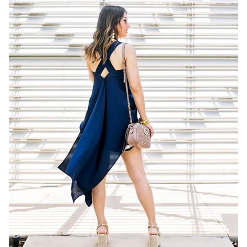Minimalist Cuyana Silk Draped Open Back Sleeveless Blouse Small Navy Summer